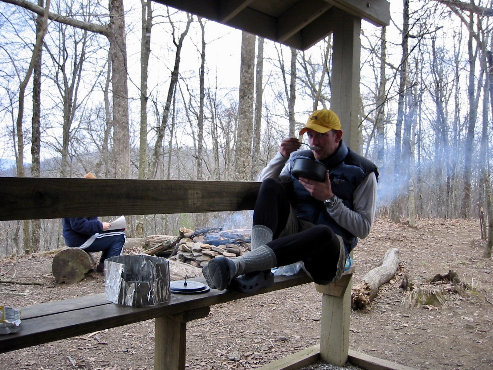 Eating dinner at Blue Mt. shelter