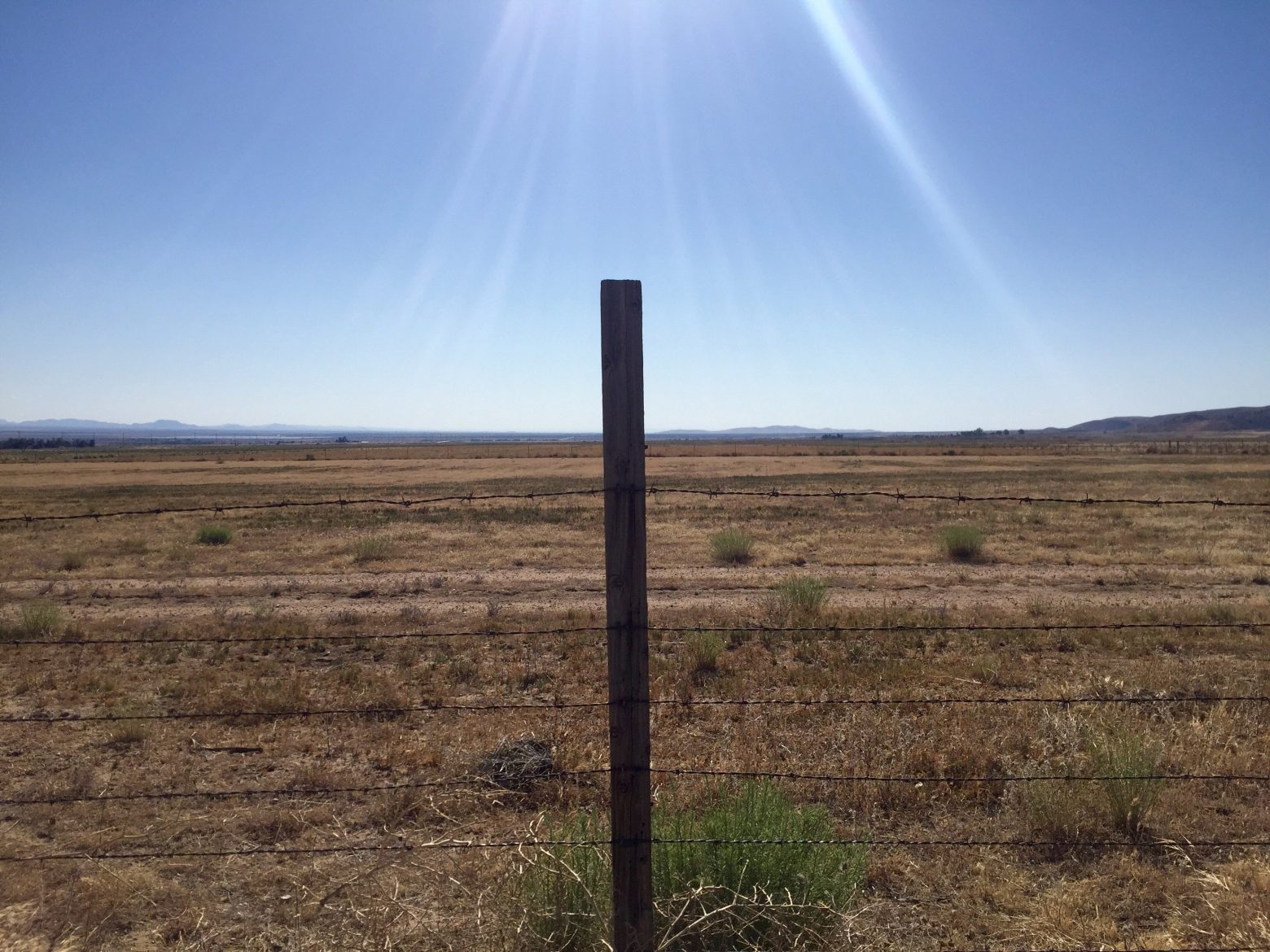 Fence post and Mojave desert under nothing but sun