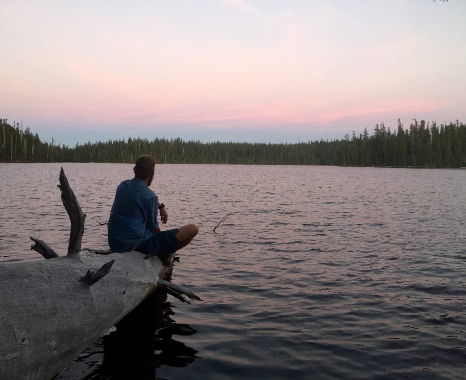 Mountain Man gazing out over Charlton lake at sunset from a dead log extending into the water