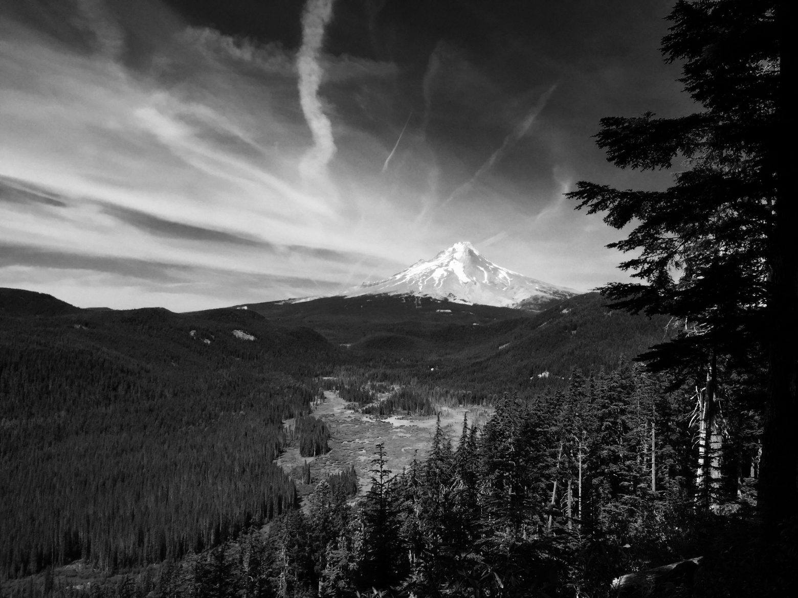 Valley below the PCT leading towards a snow capped Mount Hood in the distance