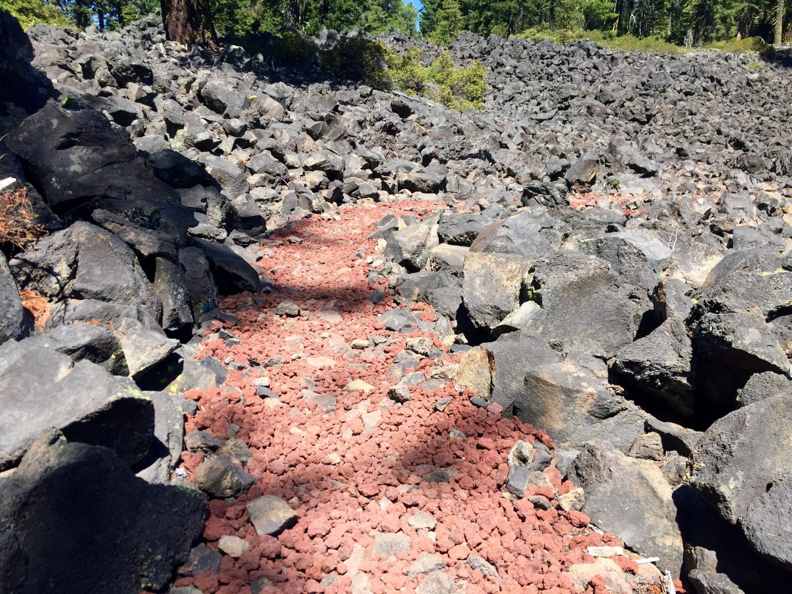 PCT following a path of crushed red stone through a field of black lava rocks