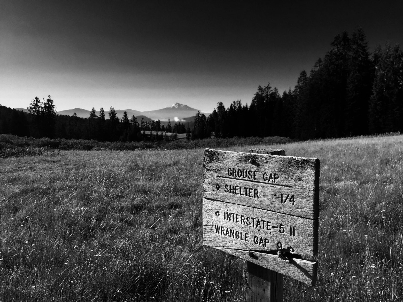 PCT sign with trail mileages and Mount Shasta in the distance