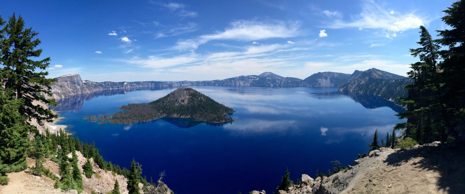 Wizard Island rising from the sapphire blue waters of Crater Lake