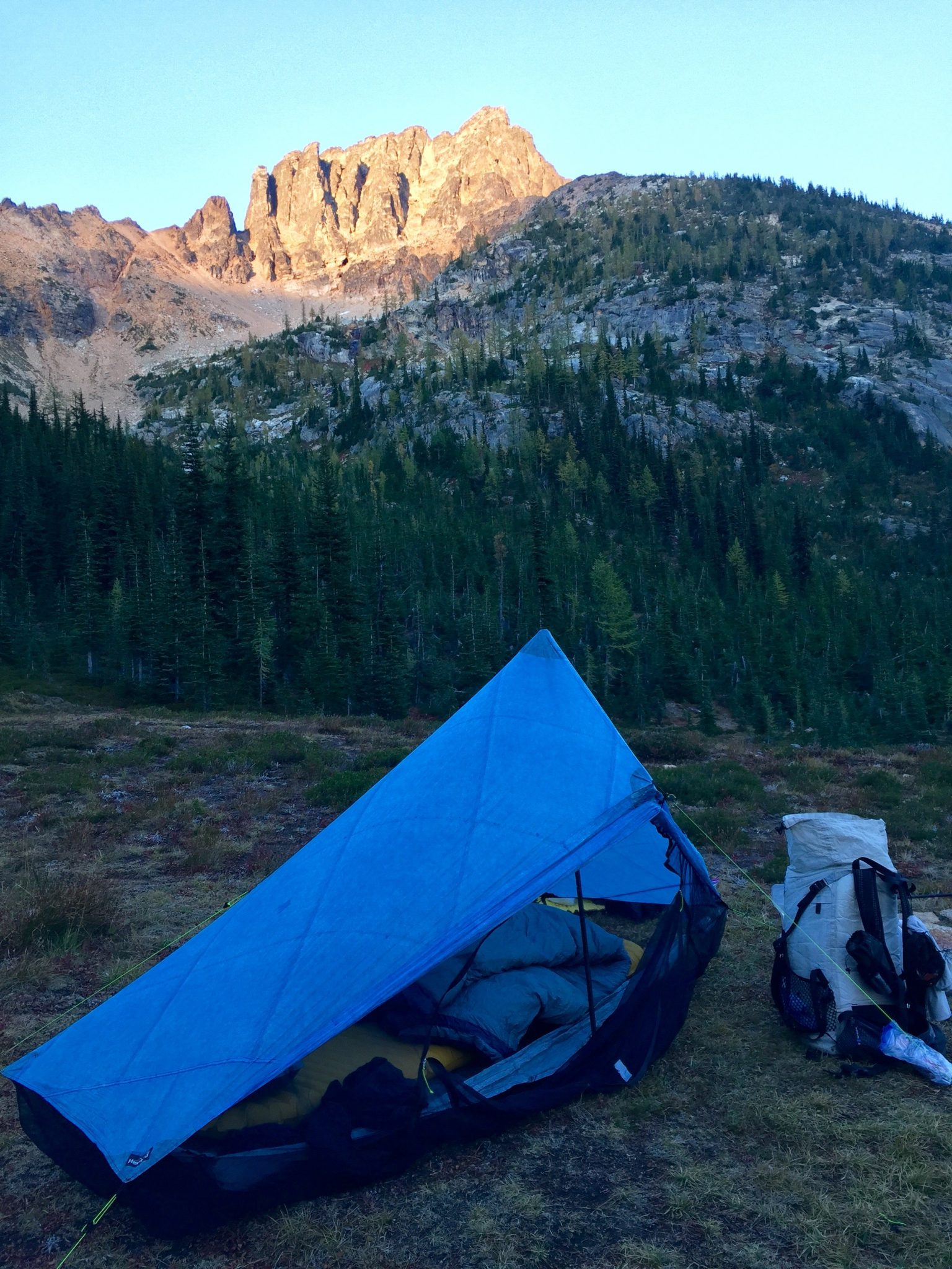 Tent pitched in an alpine meadow along the PCT