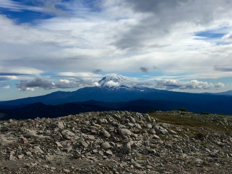 Mount Adams rising high into patchy clouds
