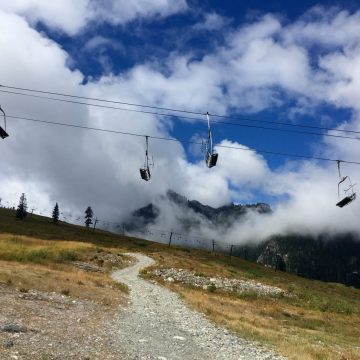 PCT crossing under chairlifts at Snoqualmie Pass ski area