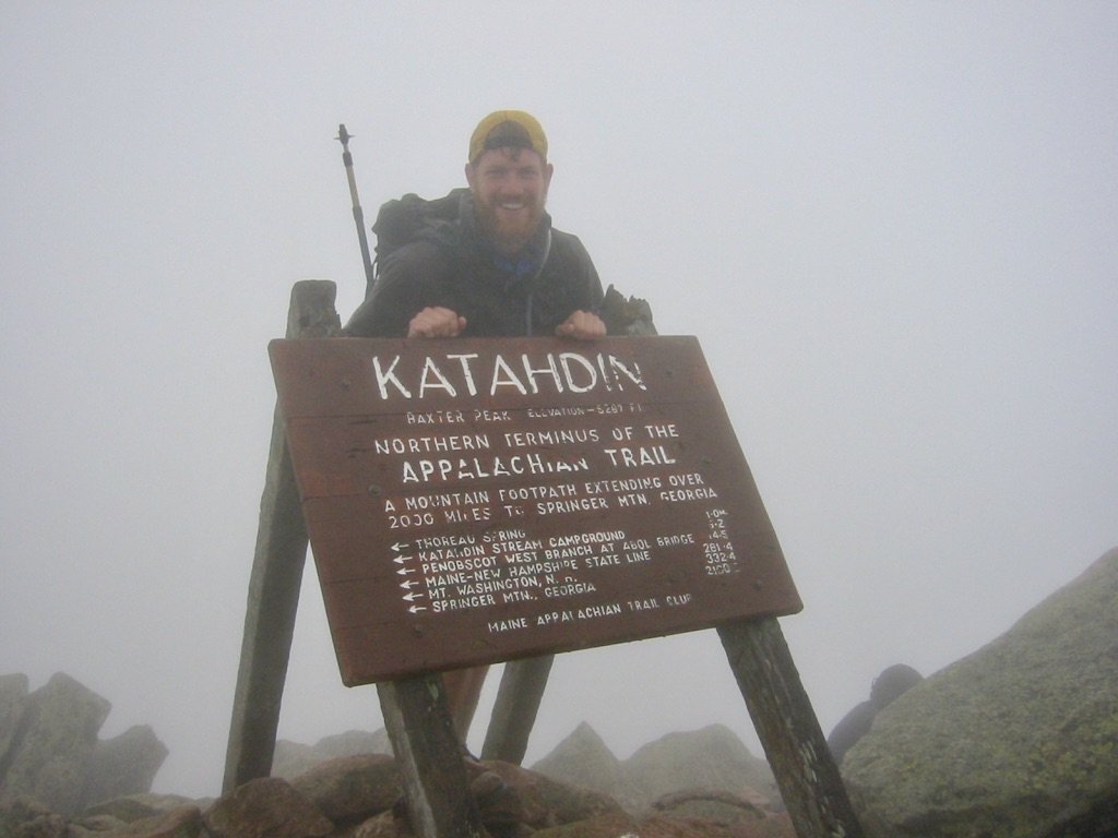 Mountain Man with Katahdin summit sign
