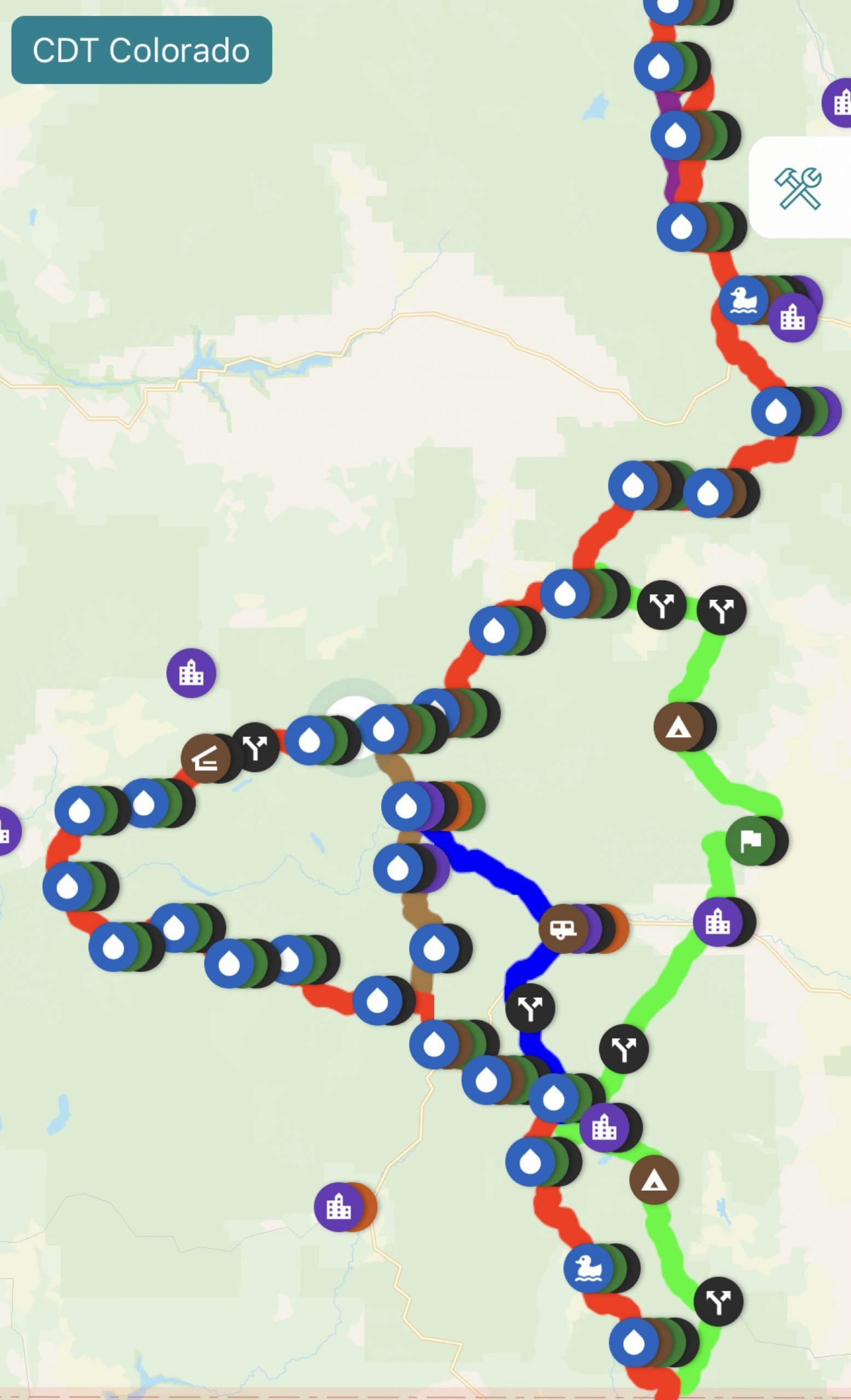 Choose your own adventure (official route in red; Creede route in brown)