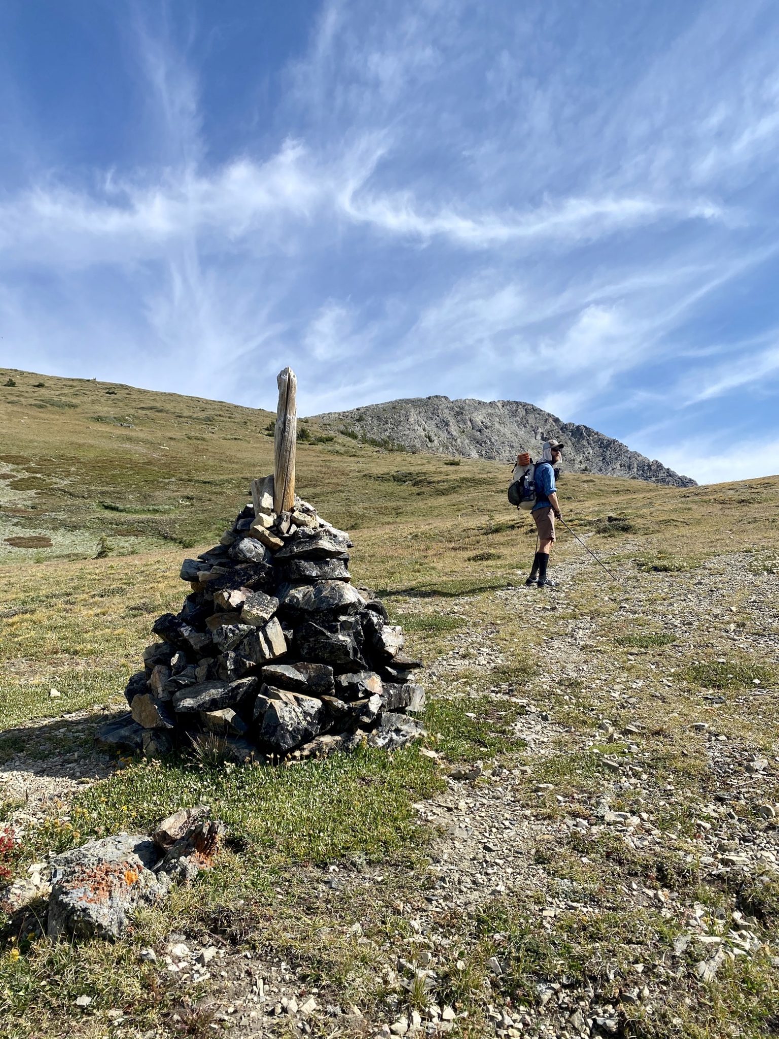 Giant cairn on the way to Storm Lake Pass