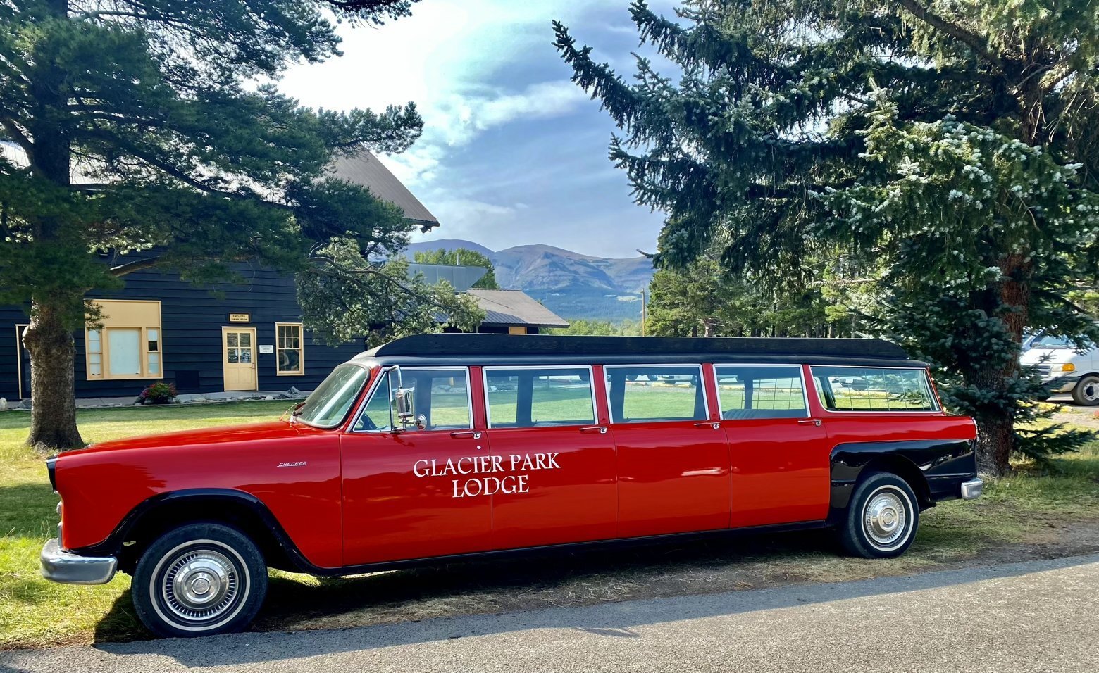 Red bus at Glacier Park Lodge