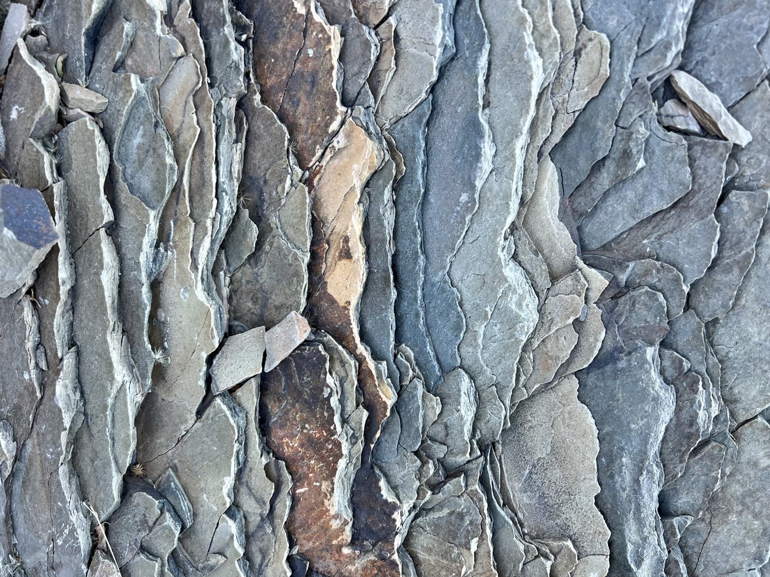 Thin layers of multi-colored rock (slate?)